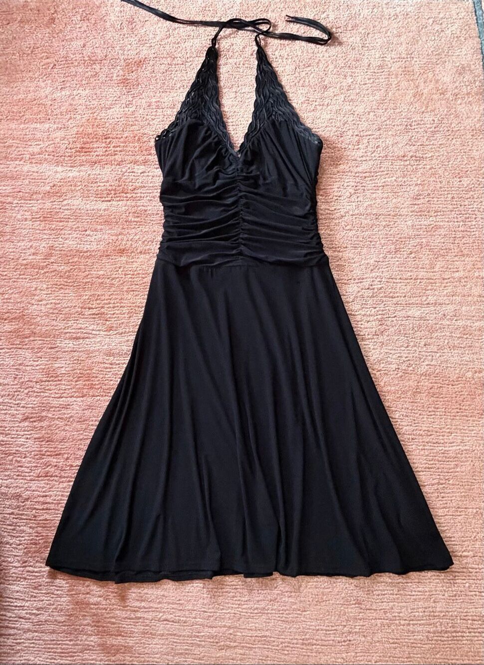 ALGO Black Halter Ruched Lace Trim Midi Dress Size 10